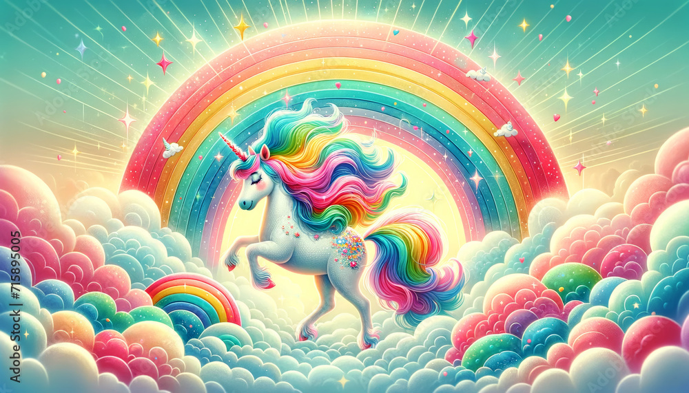 Unicorn Rainbow and Stars.
A unicorn with a rainbow mane leaps through a starry sky. Unicorn Rainbow and Stars.
A unicorn with a rainbow mane leaps through a starry sky.