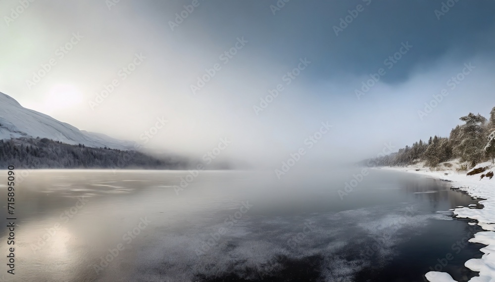 thick fog at frozen lake landscape
