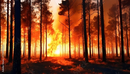 development of forest fire on sunset background © William