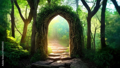 Fotografiet magical arch portal made with tree branches door to fantasy dimension digital il