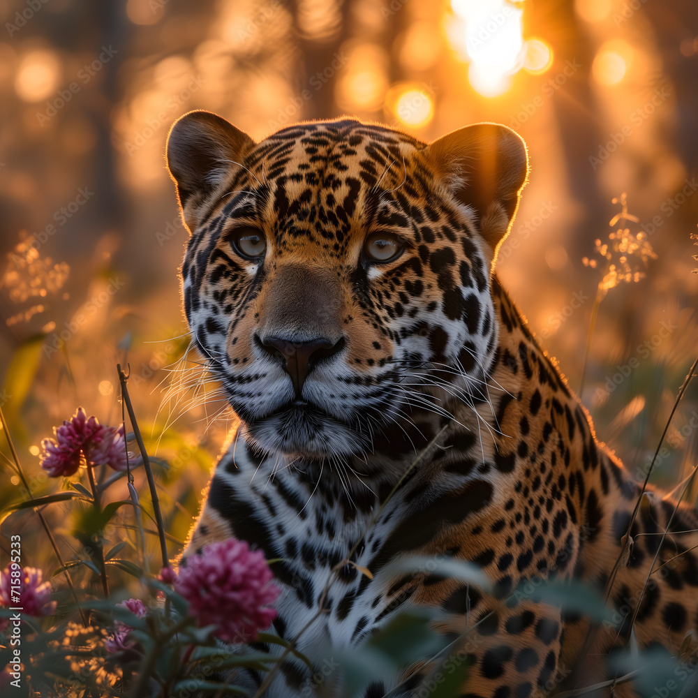 Obraz premium Majestic Leopard at Golden Sunset. AI.