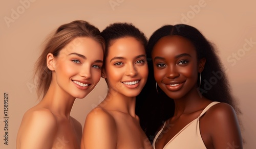 Three multiracial women in natural makeup with clean skin and smiling. Concepts for beauty banner skincare and cosmetics.