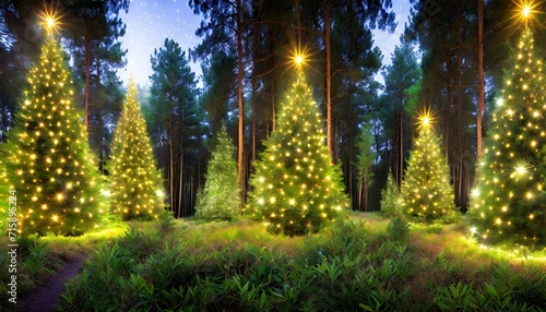 magical forest with christmas trees and glowing lights