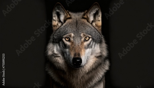 scary dark gray wolf canis lupus direct eye contact in the dark looking at the camera on a black background photo
