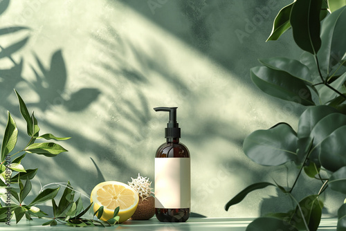 Brown cosmetic dispenser bottles with white blank label surrounded by green leaves and lemon on a mint background. Mock up. Copy space. photo