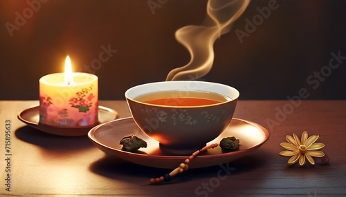 beautiful chinese tea in teacup with candle flame decoration