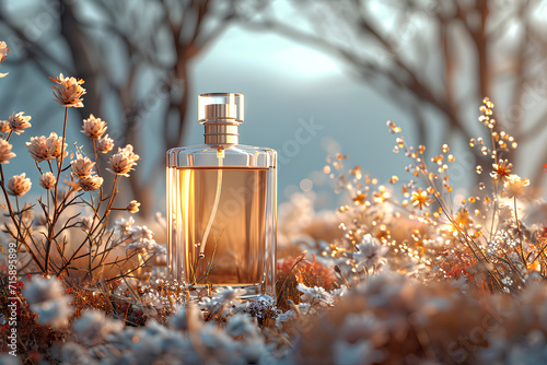 Close-up of a perfume bottle without brand label Decorated with delicate dried flower petals bathed in soft sunlight. This evokes feelings of nostalgia and romance. Suitable for product advertising. photo