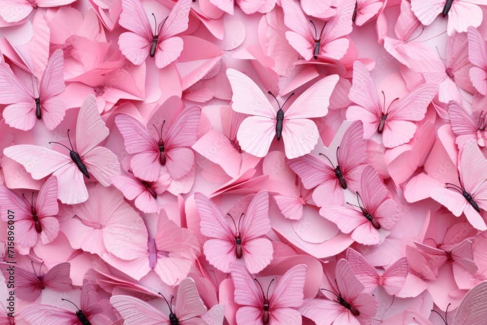  a large group of pink butterflies flying in the air with pink petals on the bottom of the butterflies and the bottom of the butterflies on the bottom of the butterflies.