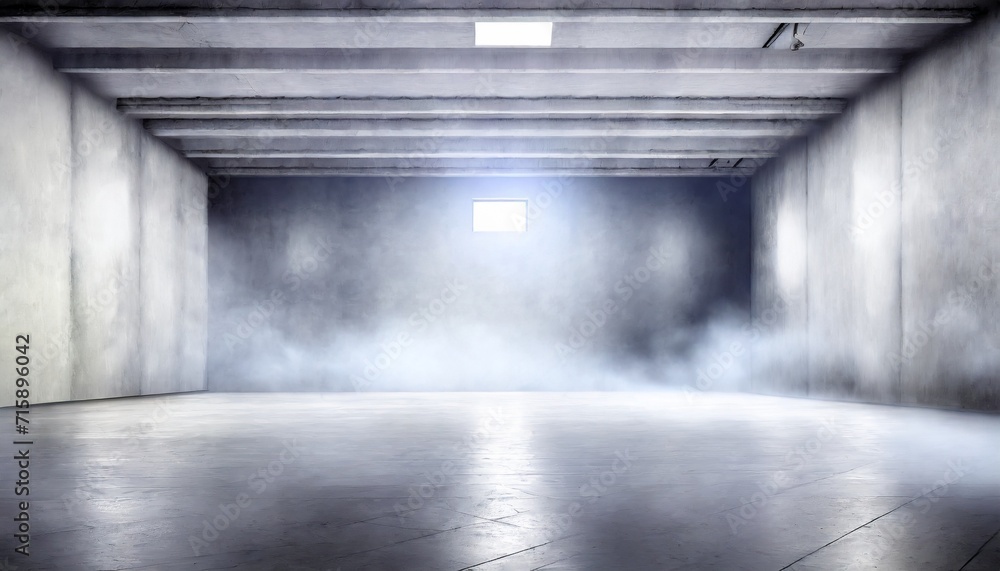 empty concrete room or garage with smoke or steam on the floor
