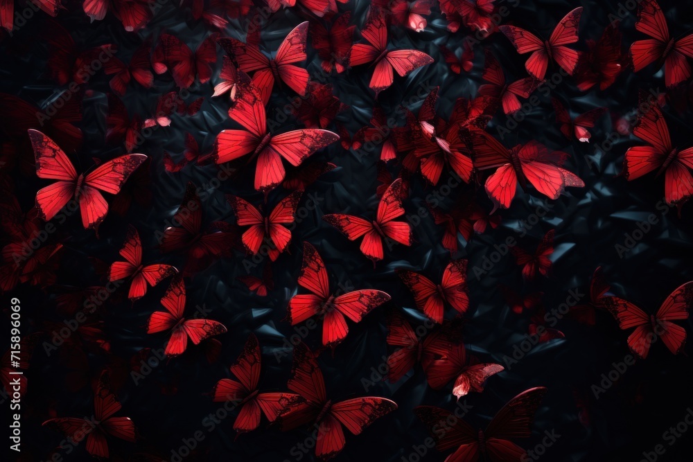  a large group of red butterflies flying in the air over a forest filled with green and red leaves on a black background.
