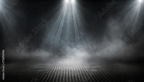 dark stage shows studio room dark scene neon light and spotlights black diamond plate texture iron sheet floor and smoke floating up the interior surface for display products photo