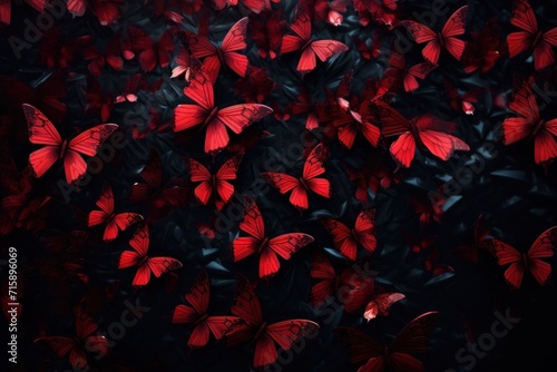  a large group of red butterflies flying in the air over a forest filled with green and red leaves on a black background.