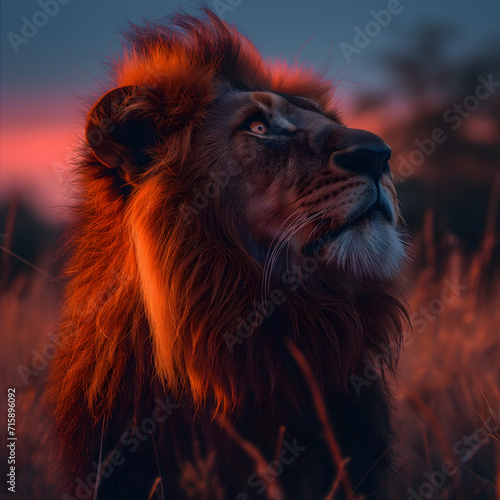 Majestic Lion Basking in the Warm Glow of a Savannah Sunset. AI.