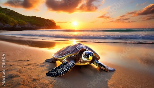 beautiful sea turtle on the beach in sunset made with ai