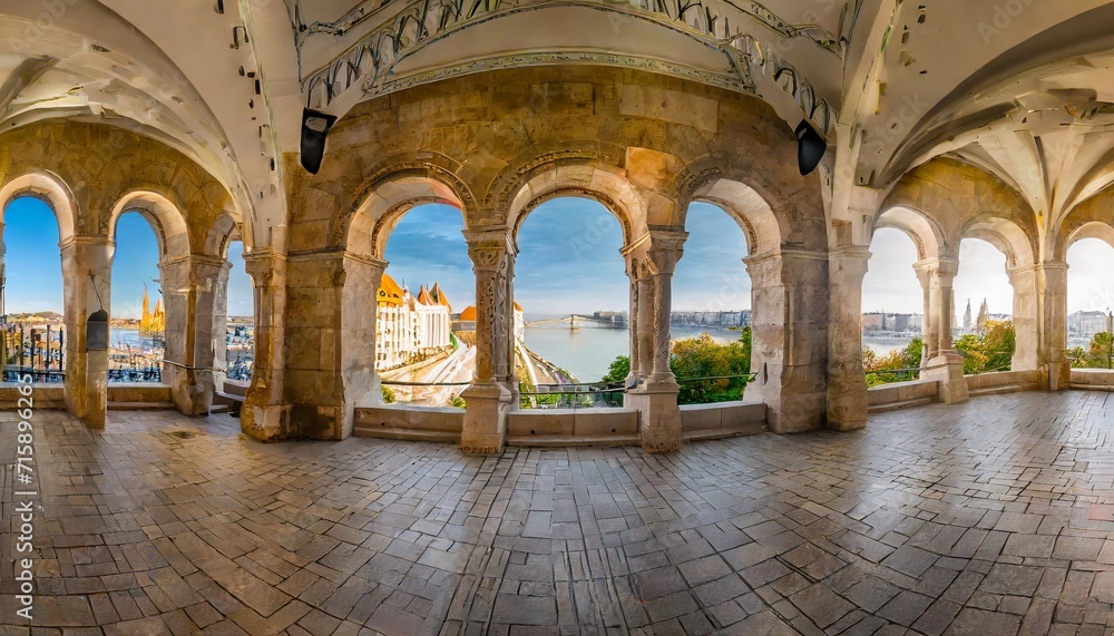 interior high resolution panoramic view of the old fishermen bastion in budapest hungary in the morning