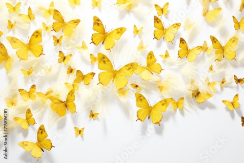  a bunch of yellow butterflies flying in the air with a white wall in the back ground and a white wall in the back ground.