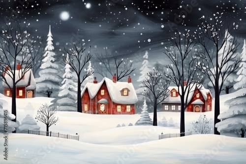  a painting of a snowy night with a red house in the foreground and a fence in the foreground. © Shanti