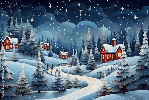  a painting of a snowy night with a house and trees in the foreground and snow falling on the ground.