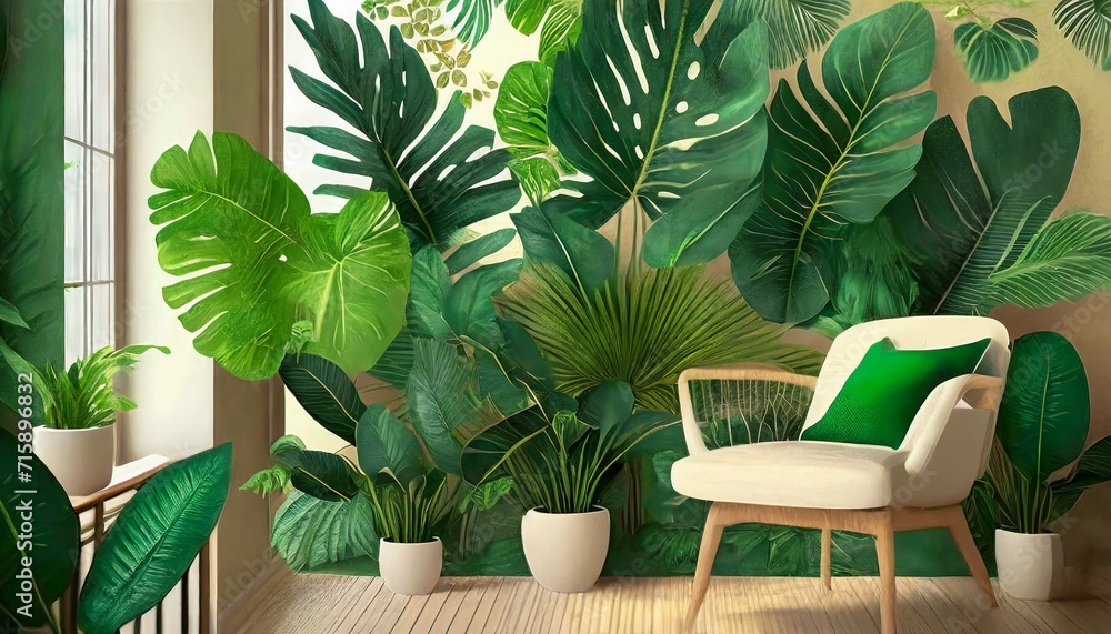 large leaves art tropical pattern photo wallpaper in the room