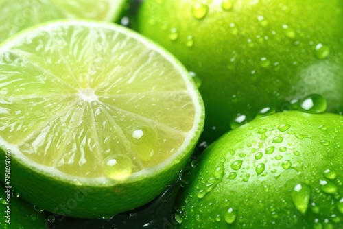  a close up of limes with drops of water on them and a lime cut in half with the whole lime in the foreground.