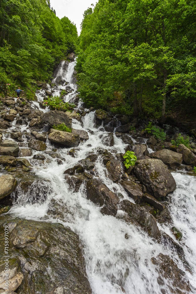 Landscape in Abkhazia with Caucasian ridge and river Landscape in Abkhazia with Caucasian ridge and river