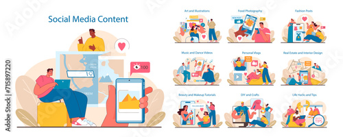 Social Media Content set. Diverse online engagement activities. Connecting through art, dance, beauty, DIY, and life tips. Creative digital interaction representation. Flat vector illustration.