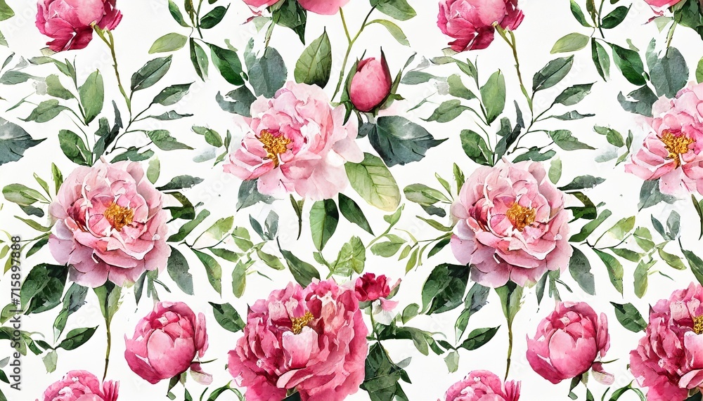 seamless floral watercolor pattern with garden pink flowers roses peonies leaves branches botanic tile background