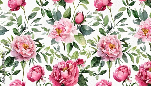 seamless floral watercolor pattern with garden pink flowers roses peonies leaves branches botanic tile background