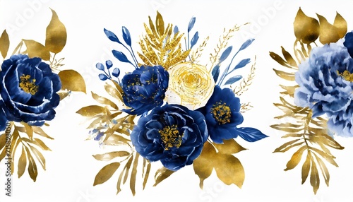 watercolor navy blue bouquet gold leaves botanical clip art drawing peonies roses herbs wedding invitation design © William