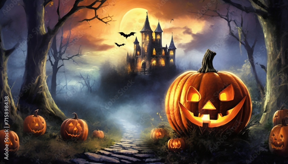 a dark castle in a dark forest with a halloween pumpkin as a lantern 