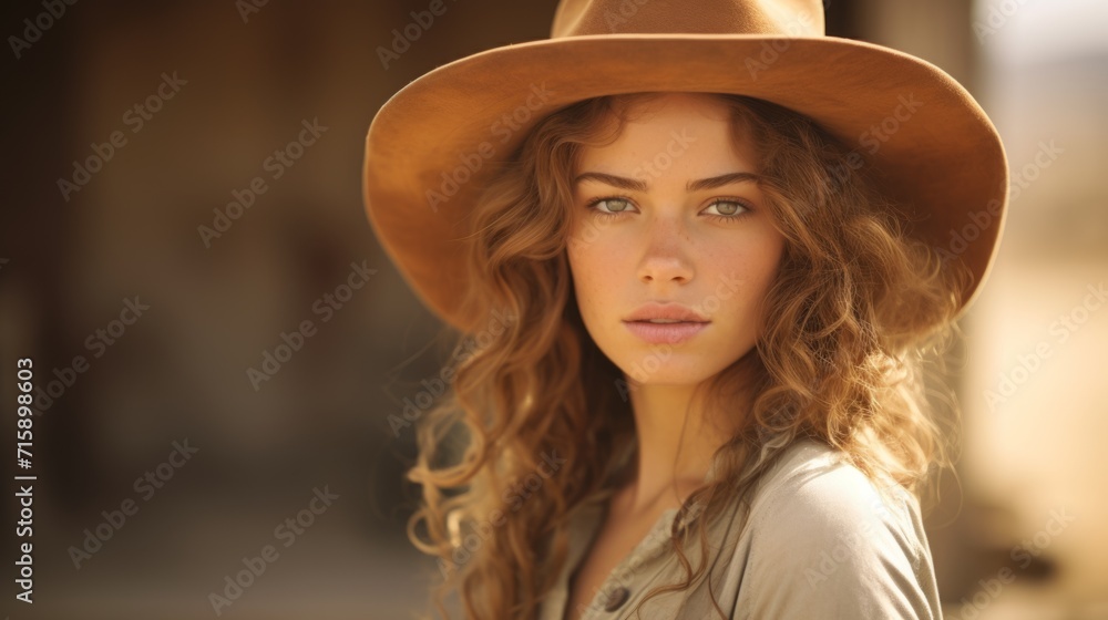 Photorealistic Teen White Woman with Brown Curly Hair retro Illustration. Portrait of a person in western movie vintage style. Cowboy spirit Ai Generated Horizontal Illustration. Photorealistic Teen White Woman with Brown Curly Hair retro Illustration. Portrait of a person in western movie vintage style. Cowboy spirit Ai Generated Horizontal Illustration.