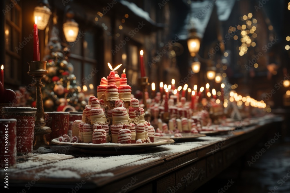  a table topped with lots of cookies covered in icing next to a christmas tree with lit candles in the background.