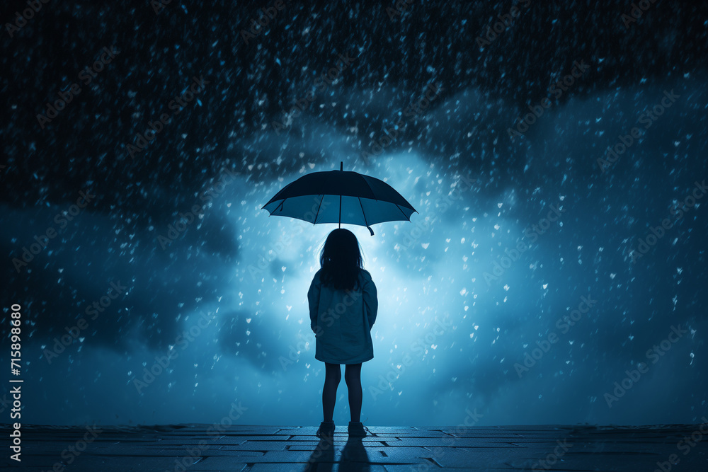 Girl with a magical umbrella. Suitable for a children's book cover.Minimal Concept of children's entertaining literature, fairytales, novellas, stories