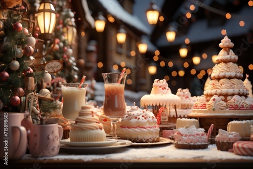  a table topped with lots of cupcakes covered in frosting next to a christmas tree with lights in the background.