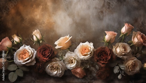 background with old wall with roses in foreground 
