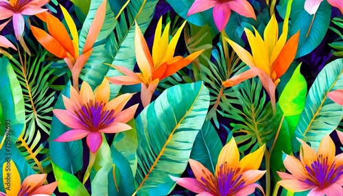 modern exotic floral jungle pattern collage contemporary seamless pattern hand drawn cartoon style pattern © William