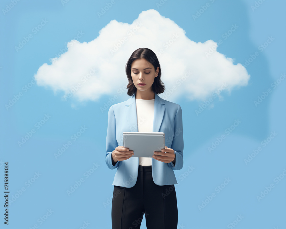 woman with a cloud above her head using computer.Minimal business sky is the limit  concept.Copy space,top view.Generative AI