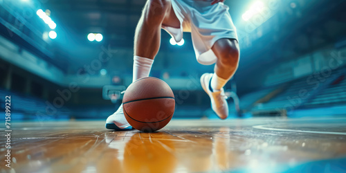 Dynamic Basketball Court Action Close-Up. Basketball player male legs in white shoes and the ball on a hardwood court, capturing the motion and energy of the game.