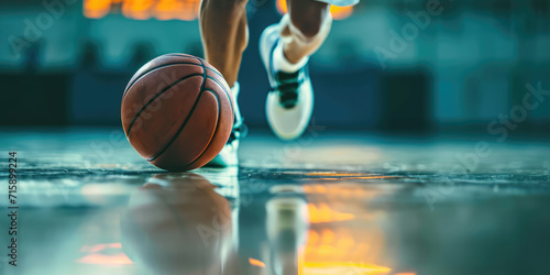 Dynamic Basketball Court Action Close-Up. Basketball player male legs and the ball on a hardwood court, capturing the motion and energy of the game. © IndigoElf