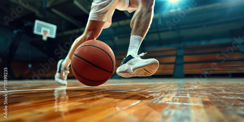 Dynamic Basketball Court Action Close-Up. Basketball player male legs and the ball on a hardwood court, capturing the motion and energy of the game. © IndigoElf