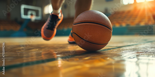 Dynamic Basketball Court Action Close-Up. Basketball player male legs and the ball on a hardwood court, capturing the motion and energy of the game, copy space.