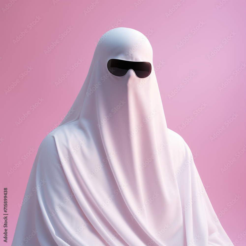 A white ghost with sunglasses. a playful fusion of the supernatural and contemporary style minimal concept.Top view,copy space.Generative Ai A white ghost with sunglasses. a playful fusion of the supernatural and contemporary style minimal concept.Top view,copy space.Generative Ai