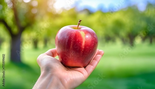 hand holding a red apple with a blurred green background