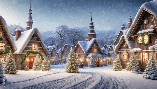 christmas village with snow in vintage style winter village landscape christmas holidays christmas card 3d illustration