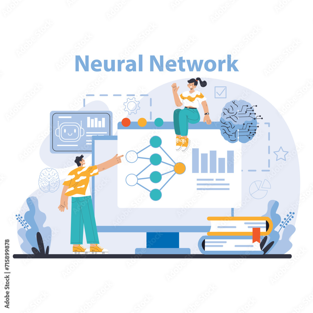 AI Model concept. Dynamic representation of neural network analysis and its role in modern AI systems. Human and machine collaboration. Flat vector illustration. AI Model concept. Dynamic representation of neural network analysis and its role in modern AI systems. Human and machine collaboration. Flat vector illustration.