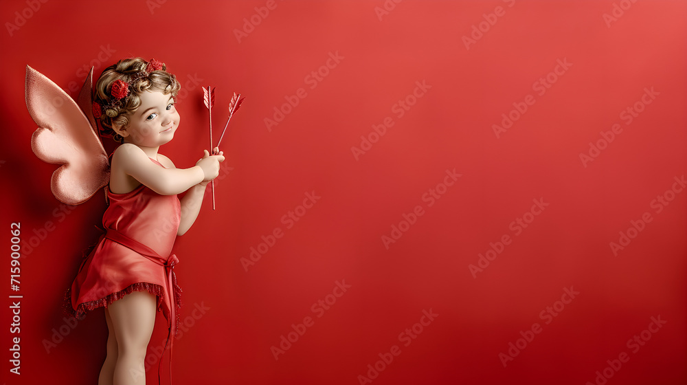 Cupid with bow on a beautiful red background for Valentine's Day	 - obrazy, fototapety, plakaty 