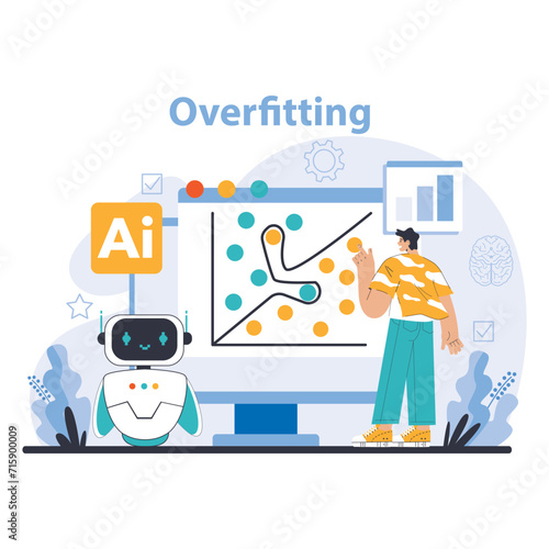 AI Model concept. Educational visual on overfitting in data science, featuring AI and machine learning algorithms. Expertise in action. Flat vector illustration.