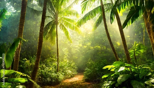 tropical jungle where you can see glimpses of light art drawing on a textural background photo wallpaper