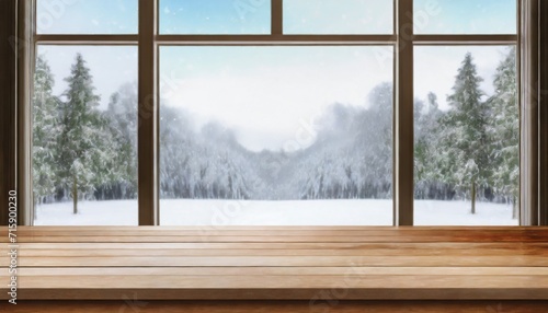 empty wooden table with a modern large glass window in a snow covered forest in the background with copy space blank for text ads and graphic design