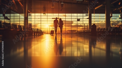 Young couple at the airport at sunset.